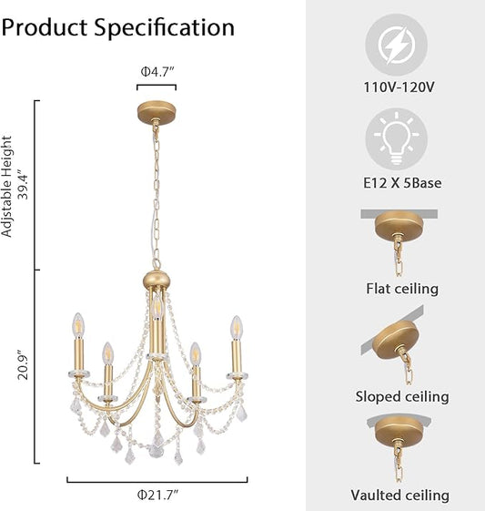 5-Light Farmhouse Chandelier with Crystal Accents, Gold Candle-Style Adjustable Pendant Light for Dining Table, Bedroom, Entryway, Living Room, Kitchen Island, Rustic Modern Ceiling Fixture