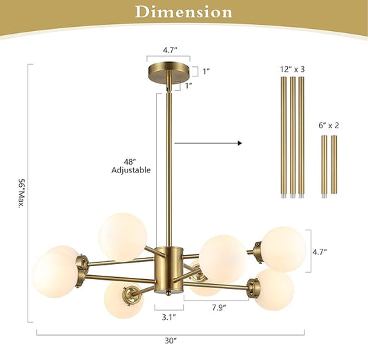 WINGBO 8-Light Sputnik Chandelier, Modern Pendant Light Fixture with 4.7" Opal White Glass Globe Shade for Flat and Slop Ceiling, Height Adjustable for Kitchen Living Room Dining Room Bedroom, Gold