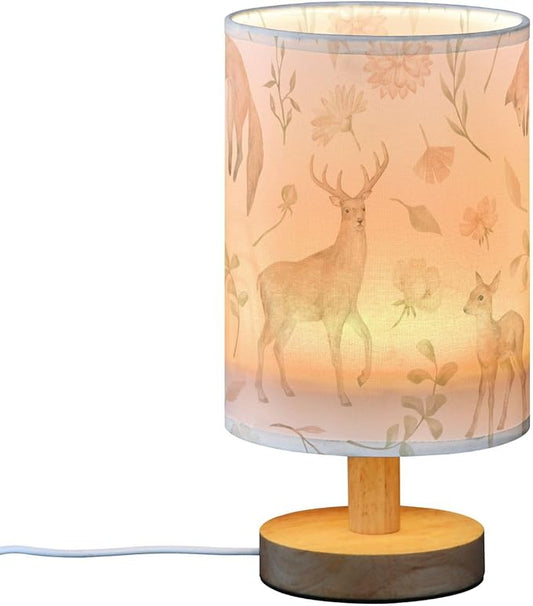 Bedside Table Lamp Woodland Animals Nightstand Lamp with Wood Forest Deer Fox Floral Leaves Desk Lamps for Bedroom Living Room Nursery Office Home Decor