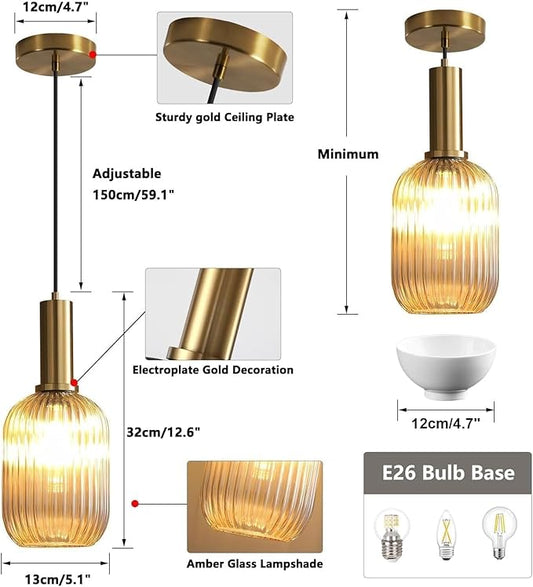 KCO Lighting 1-Light Amber Glass Ceiling Light Fixture Vintage Striped Glass Pendant Light Farmhouse Cylinder Pendant Light Gold Mini Kitchen Island Pendant Lighting Single Hanging Light