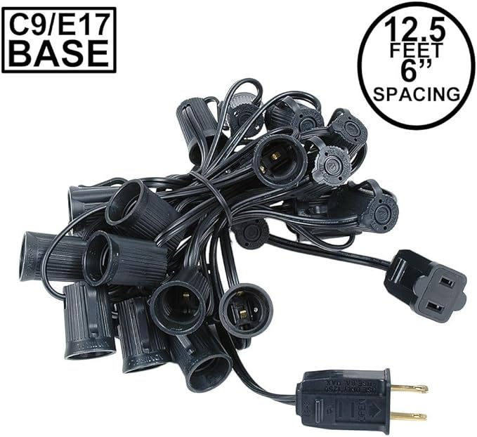 Novelty Lights 12.5 Foot String Light Set - Indoor/Outdoor Stringer for Christmas, Wedding Decor, Patios, & More - C9/E17 Intermediate Base (Black Wire, 6" Spacing)