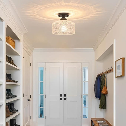 Daunton Small Semi Flush Mount Ceiling Light Fixture, Vintage Matte Black Close to Ceiling Lighting with Etched Glass Shade for Hallway, Kitchen, Entryway (Retro Design, Easy Install)