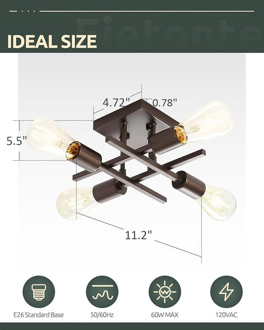 Industrial 4-Light Semi Flush Mount Ceiling Light Fixtures, Farmhouse Oil-Rubbed Bronze Chandelier Lighting, Modern E26 Base Sputnik Ceiling Lamps for Living Room Hallway, 2 Pack