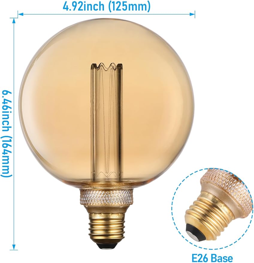 ESCENA Artist Series LED Globe Decorative Light Bulb 3.5W, G125 Round Edison Bulbs Dimmable, Virtual Filament Vintage Edison Bulb, Amber, E26 Medium Base, 2000K Soft Warm, UL Listed