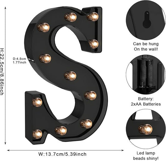 Foaky Black LED Letter Lights for Room Decor - Bedroom Wall Decor, Alphabet Lights for Home, Wedding, Party - Battery Operated (S)