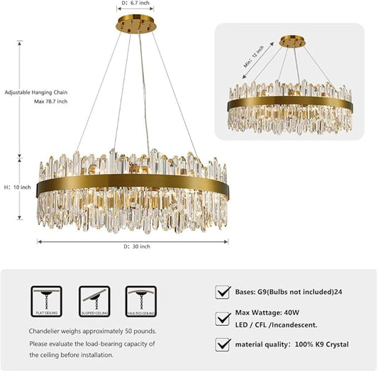 Gold Modern Oval Crystal Chandelier, 24-Lights Luxury Chandeliers Modern 2-Tiers K9 Crystal Chandelier Pendant, Light Fixture G9 Lights for Dining Living Room Entryway Kitchen Dia 30 inch