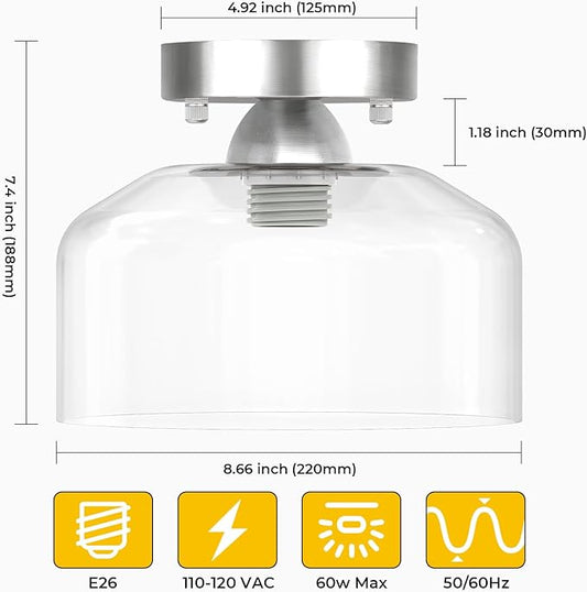LACCEN Semi Flush Mount Ceiling Light Silver, Clear Glass Pendant Lamp Shade, Modern Farmhouse Light Fixture for Hallway Corridor Kitchen Entryway Bedroom, Bulb Not Included