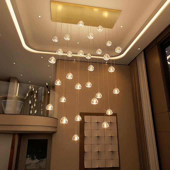 HAIXIANG LED Rectangular Chandeliers for Living Room Dining Room Light Dimmable High Ceiling Pendant Lights Fixtures Lighting 26-Lights for Foyer Entryway Lighting Antique Gold
