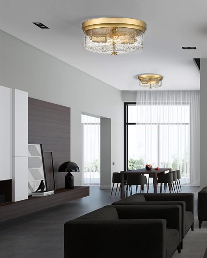 Gold Close to Ceiling Light Fixtures, 12 inch Flush Mount Hallway Light Fixture Gold Finish with Seeded Glass Shade Bedroom Ceiling Lights for Dining Room Kitchen Laundry Bathroom