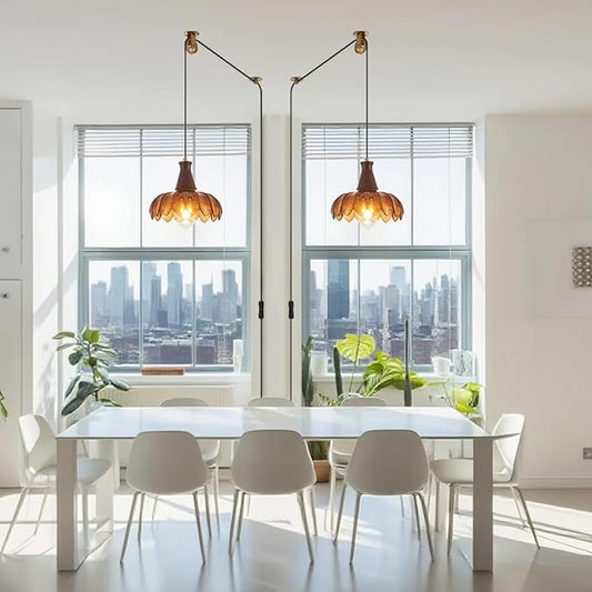 YLONG-ZS Plug in Pendant Light,Hanging Light Plug in Vintage Flower Glass Walnut Wood Pendant Light, Modern Gold Pulley Hanging Lamp for Kitchen Island, Bedroom, Dining Room, Living Room,Corner
