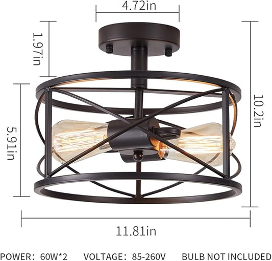 2-Light Semi Flush Mount Black Ceiling Light Fixture, Farmhouse Industrial Metal Cage with Adjustable Height, Dimmable for Hallway Entryway Kitchen Bedroom Foyer Laundry Low Ceiling