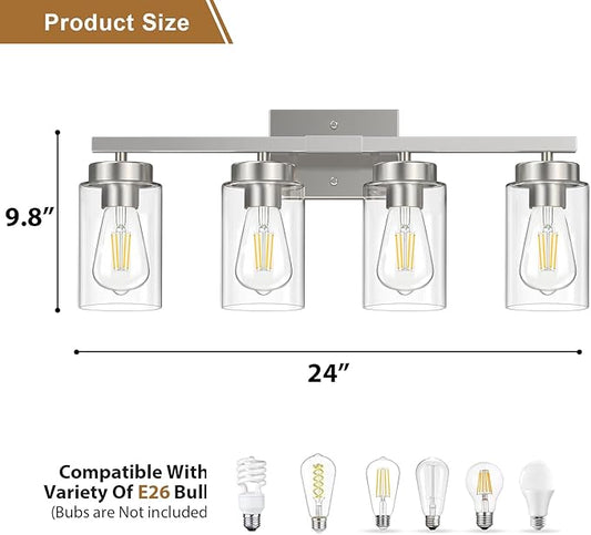 IZORRO Modern Bathroom Light Fixtures, 4 Light Brushed Nickel Vanity Lights, Bathroom Lighting Fixtures Over Mirror with Clear Glass for Living Room Cabinet Bedroom