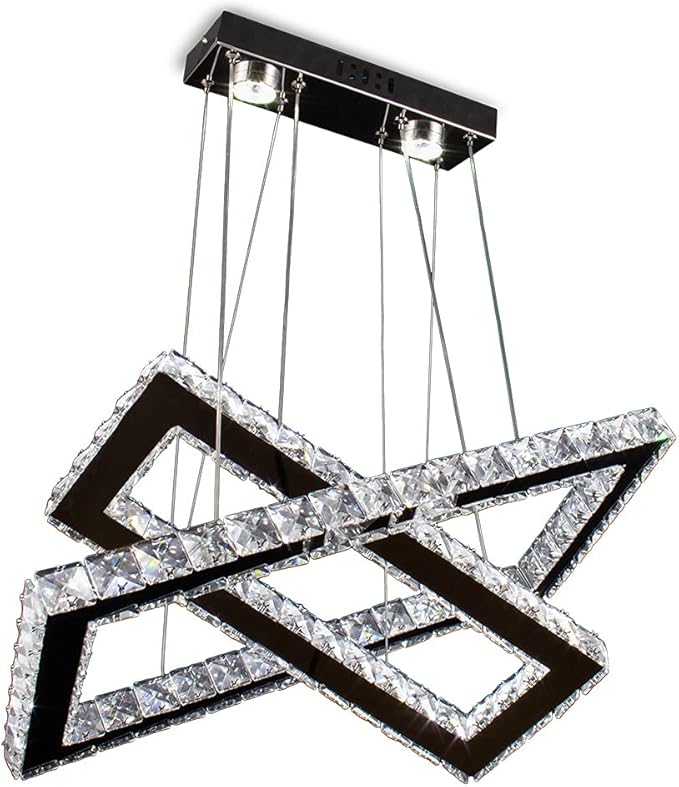 Finktonglan Modern Crystal Chandelier, Rectangular Double Ring LED Pendant Light, 6000K Cool White Non-Dimmable, Height Adjustable Hanging Light Fixture for Dining Room Living Room Bedroom