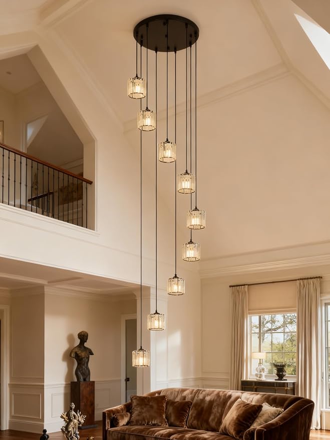 Long Chandeliers for High Ceilings,Modern Crystal Pendant Light,Raindrop Drop Lamp,Hanging Flush Mount Lighting Fixtures for Spiral Staircase,Foyer,Entryway,Living Room,Black (9 Lights)
