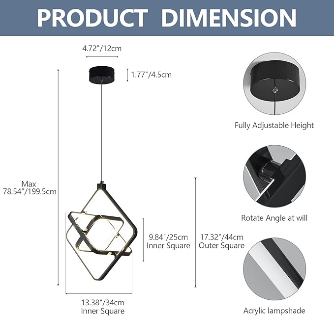 Modern LED Pendant Lights Plated Black Rectangular Pendant Light Fixtures 4000K 35W Dimmable Pendant Lighting for Dining Room Kitchen Island Bedroom Living Room Foyer(3-Ring)
