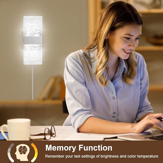 GOODATE Plug in Wall Sconces with Adjustable 3000K-6500K Colors & 10%-100% Brightness, Sconces Wall Decor Set of 2 with Remote Control, 12W Acrylic LED Plug in Wall Light (1 Pack, Corrugated Finish)