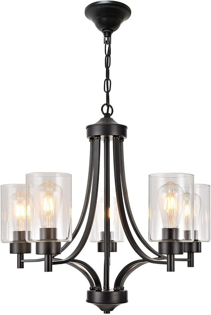BOZO Contemporary Black Chandelier 5 Lights Farmhouse Dining Room Lighting Fixtures Hanging Bedroom Chandeliers with Clear Glass Shade Ceiling Pendant Light Black Foyer Light