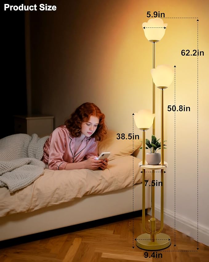 63IN Floral Floor Lamp with Table, 3-Lights Dimmable Flower Floor Lamps for Wedding Party, 3000K Warm White Modern Tall Standing Lamp with 5Lbs Heavy Base for Living Room/Bedroom