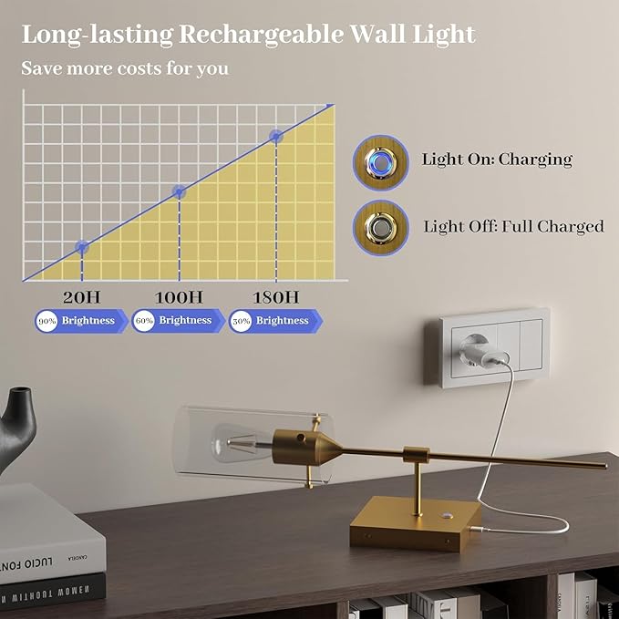 Dimmable 3 Colors Gold Battery Operated Wall Sconce Set of Two, Rechargeable Wireless Remote Control Wall Lamp Not Hardwired, Cordless Brass Wall Light for Living Room Bedroom Bathroom