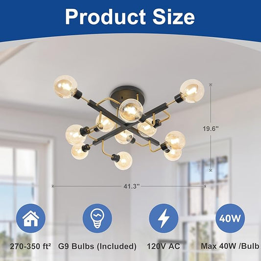 Depuley Sputnik Chandelier with Globe Glass: 12-Light Black and Gold Ceiling Light Fixture for Living Room Bedroom - Vintage Hanging Bubble Chandeliers for Dining Room Office (Included G9 Bulbs)