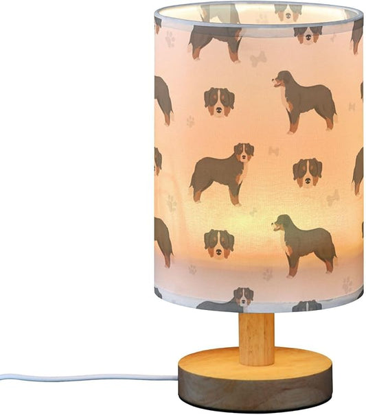 Bernese Mountain Dog Pattern Table Lamp with Wood Base Fabric Lamp Shade Bedside Nightstand Desk Lamp for Living Room Bedroom Kids Room Office