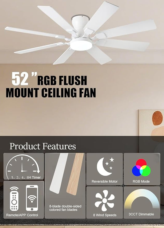 JSAITEE 52 inch Ceiling Fan with Light, 6 Speeds Reversible Low Profile Ceiling Fan with Light and Remote/APP Control, 3 Color Temp+Dimmable RGB, 8 Blades, Flush Mount Quiet Ceiling Fans, White