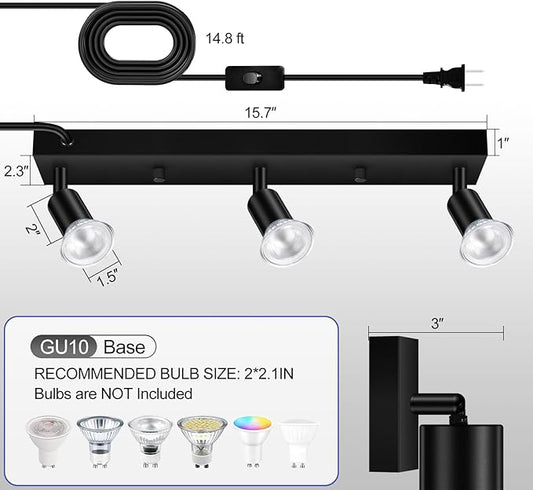 Plug-in Track Lighting, LED Track Lighting Fixtures Ceiling Kit, 16" Black Plug in Wall Light with 14.8ft Cord, 3-Light Ceiling Spotlight,Rotatable Kitchen Light Head for Bedroom Hallway(GU10,NO Bulb)