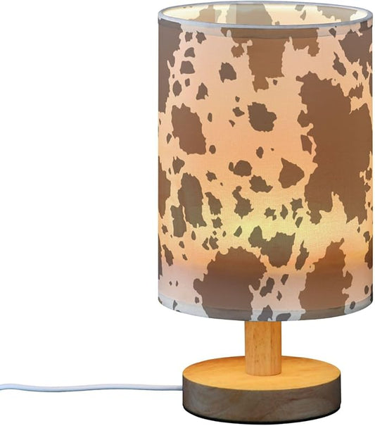 Table Lamp Cow Skin Brown Cowhide Pattern Nightstand Lamp with Wood Base Fabric Lamp Shade Bedside Desk Lamp for Living Room Bedroom Kids Room Office