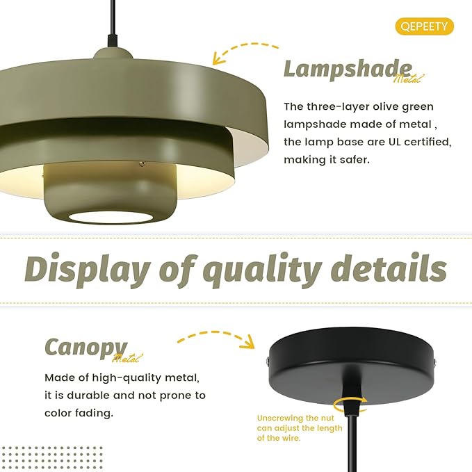 Retro Farmhouse Olive Green Pendant Light, Adjustable 59" Cord Mid Century Modern 3-Tier Hanging Light Fixture for Kitchen Island Dining Room Living Room