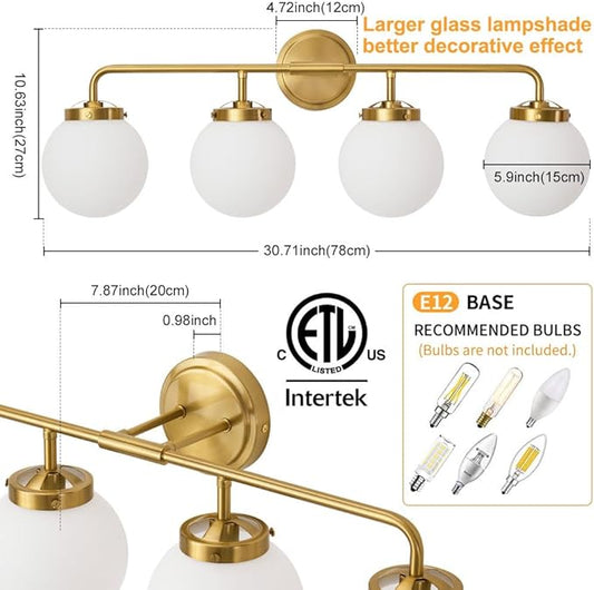 Bathroom Light Fixtures Gold Vanity Lights Over Mirror, Modern Wall Sconce Lighting 4-Light with White Glass Globe Shade