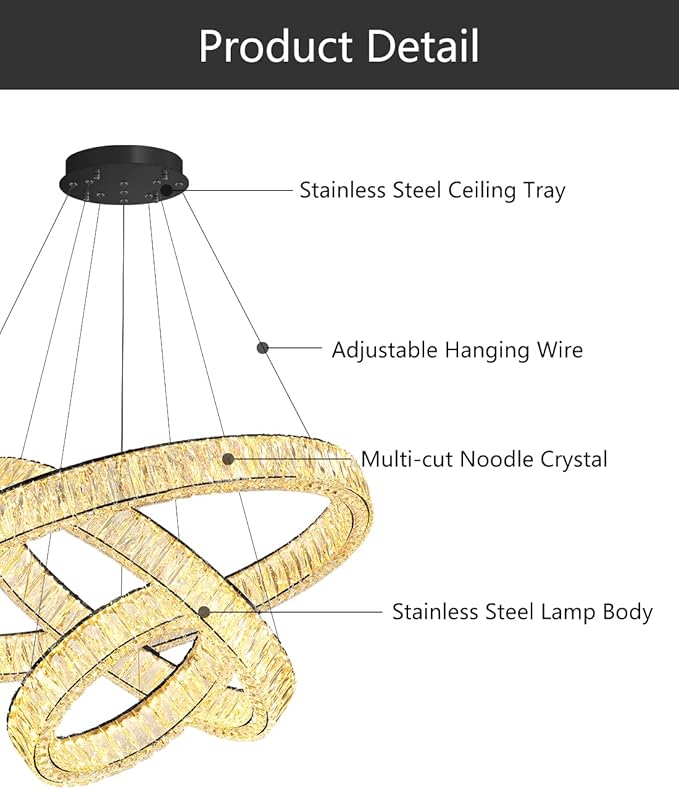 HAIXIANG Modern Glam Chandelier Crystal LED Remote Rings Chandelier Adjustable Hanging Ceilings Pendant Lights Fixture Black 8"+16"+24" Rings Lighting