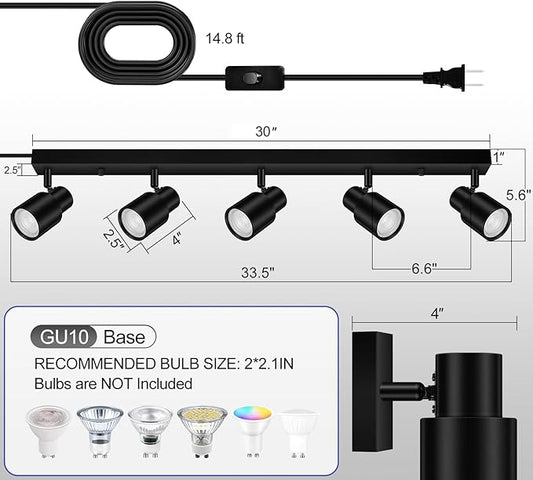 Plug in Track Lighting, 30" LED Track Light Fixtures Ceiling, Black 5 Way Ceiling Lights for Kitchen, 15FT Cord, Rotatable Light Head, Rocker Switch, Plug Spotlight for Bedroom Hallway(GU10, NO Bulb)