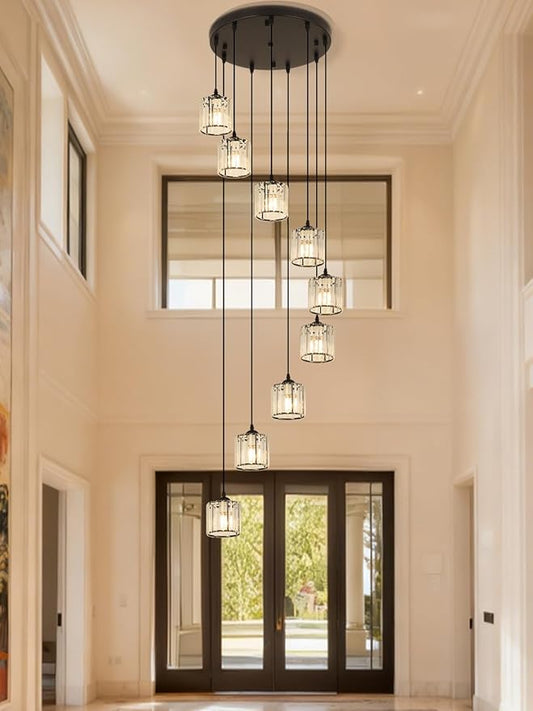 Long Chandeliers for High Ceilings,Modern Crystal Pendant Light,Raindrop Drop Lamp,Hanging Flush Mount Lighting Fixtures for Spiral Staircase,Foyer,Entryway,Living Room,Black (9 Lights)