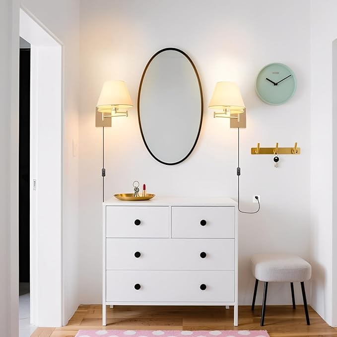 Rose Gold Wall Sconce Plug in, Swing Arm Wall Lamp Set of Two Mid-Century Modern Wall Light Fixtures with Beige Fabric Shade for Living Room Doorway Study Room Bedroom Reading Lamps with Switch