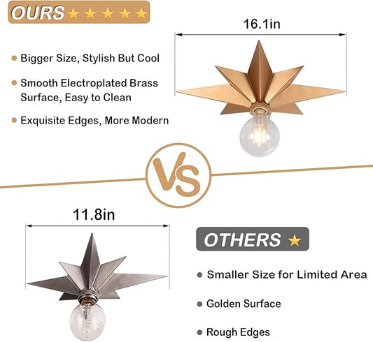 16 inch Flush Mount Ceiling Light, Gold Star Light Fixture, Farmhouse Star Ceiling Light, Vintage Flush Lighting Ceiling for Hallway, Entryway, Study, Bedroom, Stair, Foyer, Kitchen, Bathroom - Metal