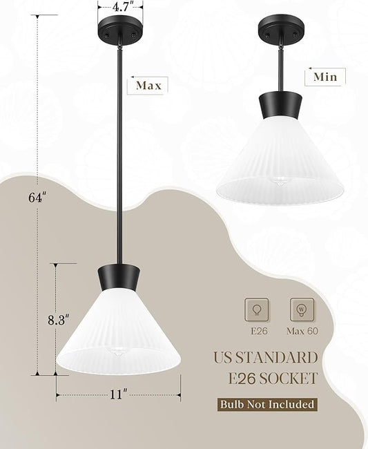 Pendant Lights Kitchen Island, HWH Milk Glass Pendant Light Black Hanging Light Fixture 1-Light, 11'' White Glass Pendant Lighting Height Adjustable, 5HZG98MIL BK
