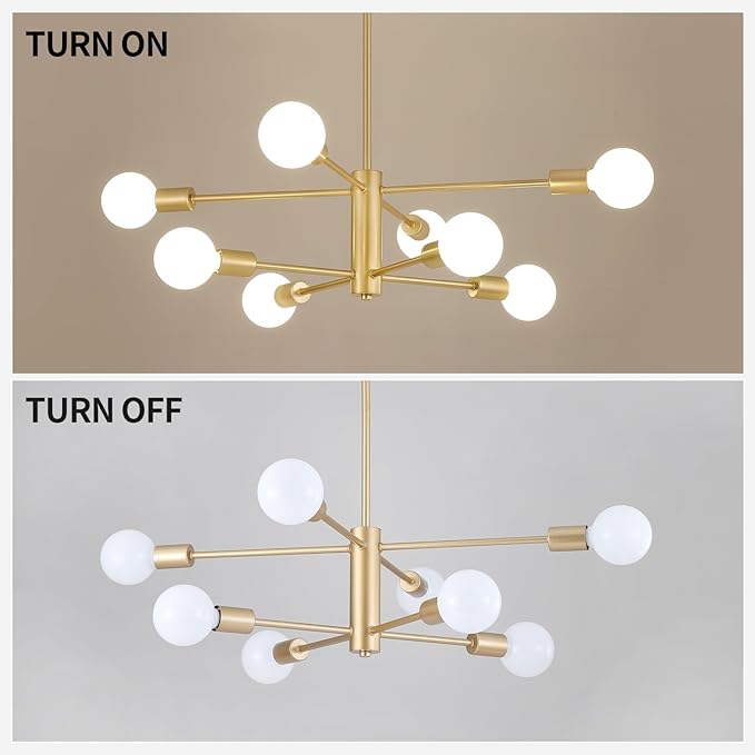 AMZASA Gold Sputnik Chandelier 8 Light Modern Industrial Mid Century Modern Light Fixture for Dining Room Kitchen Living Room Entryway Bedroom Plating Shining Gold Finished UL Listed