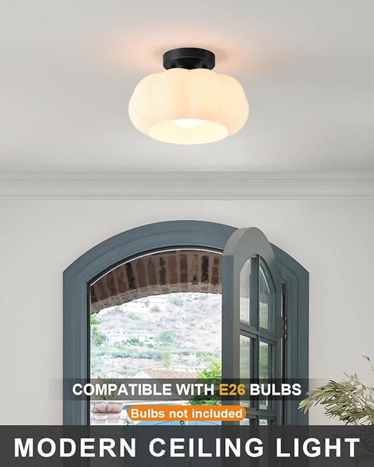 Vintage Semi Flush Mount Ceiling Light,Mid Century Modern Ceiling Lights,10 Inch Milk White Glass Shade with a Black Base,for Bedroom,Kitchen,Hallway,Entryway