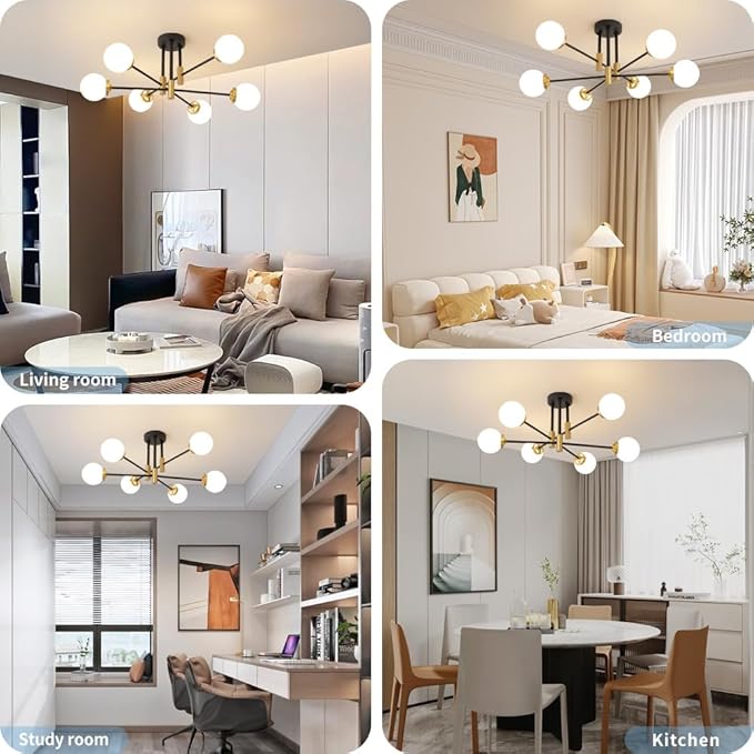 Biewalk Sputnik Ceiling Light Fixture 6 Light Sputnik Chandeliers, Black and Gold Chandelier Light Fixture with Milk White Glass Shade for Living Room Kitchen Bedroom Dining Room (E26 Bulb Excluded)