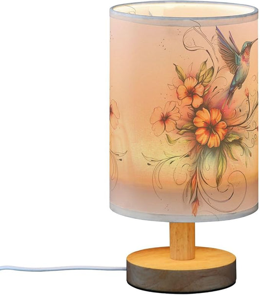 Table Lamp Hummingbird Floral Flower Nightstand Lamp with Wood Base Fabric Lamp Shade Bedside Desk Lamp for Living Room Bedroom Kids Room Office