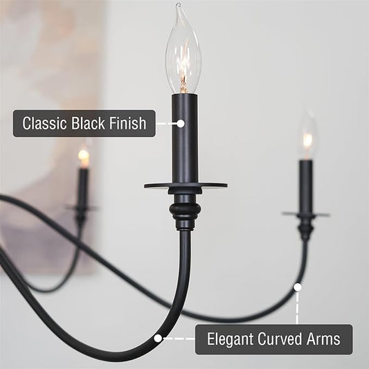 Kira Home Archer 47" 6-Light Large Farmhouse Black Chandelier, Modern Black Ceiling Fixture with Elegant Curved Swoop Arms, Black Finish