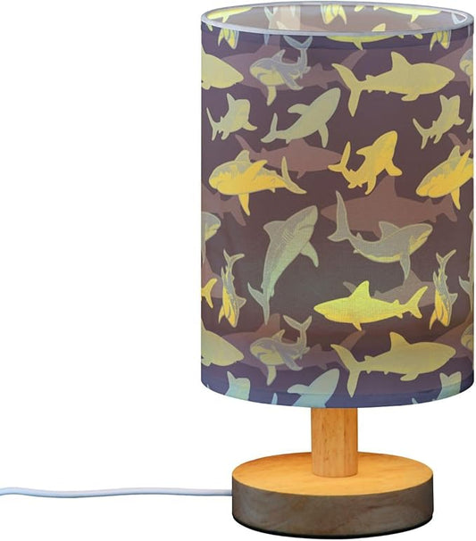 Table Lamp Shark Underwater Pattern Nightstand Lamp with Wood Base Fabric Lamp Shade Bedside Desk Lamp for Living Room Bedroom Kids Room Office