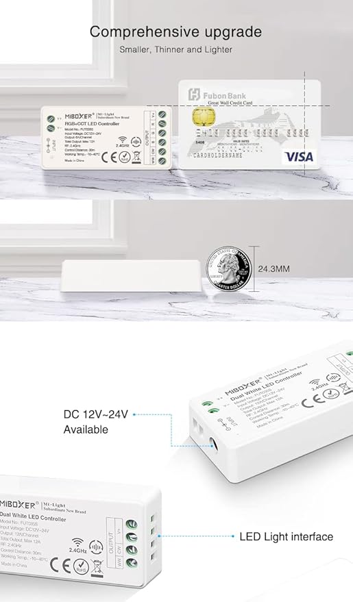 LGIDTECH FUT035S CCT Dual White LED Strip Light Controller,Input DC 12-24V,Output Max 12A