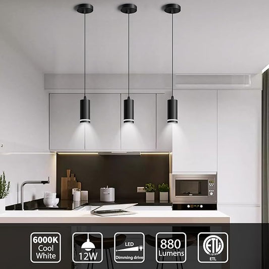 OKELI Mini Pendant Light, Black Modern Pendant Light Fixtures, LED Pendant Lighting for Kitchen Island, COB Lamp Bead, ETL,12W(3 Pack)
