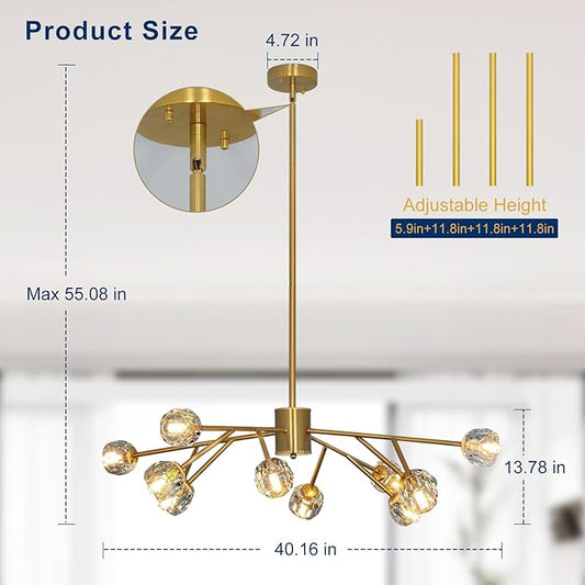 Depuley Chandelier Ceiling Light Fixture: 12-Light Modern Sputnik Chandelier for Dining Room - Height Adjustable Mid Century Gold Crystal Chandelier for Bedroom Living Room (Included G9 Bulbs)