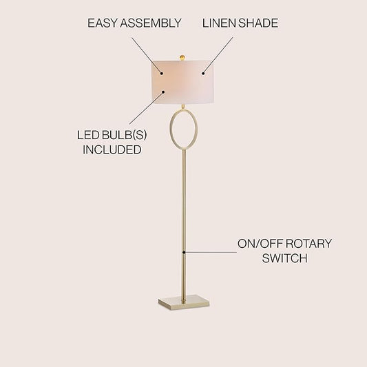 JONATHAN Y 61" Brass Gold Metal LED Floor Lamp for Living Room Modern Hoop Design Standing Lamp, White Linen Drum Shade, Bedroom Home Office, LED Bulb Included JYL1089A