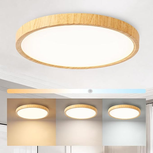 12 Inch Wood Grain Flush Mount Ceiling Light Fixture, Modern 22W Round Flat Overhead 3000K-4000K-6000K Selectable LED Ceiling lamp for Bedroom, Living Room, Kitchen, Entryway, Office