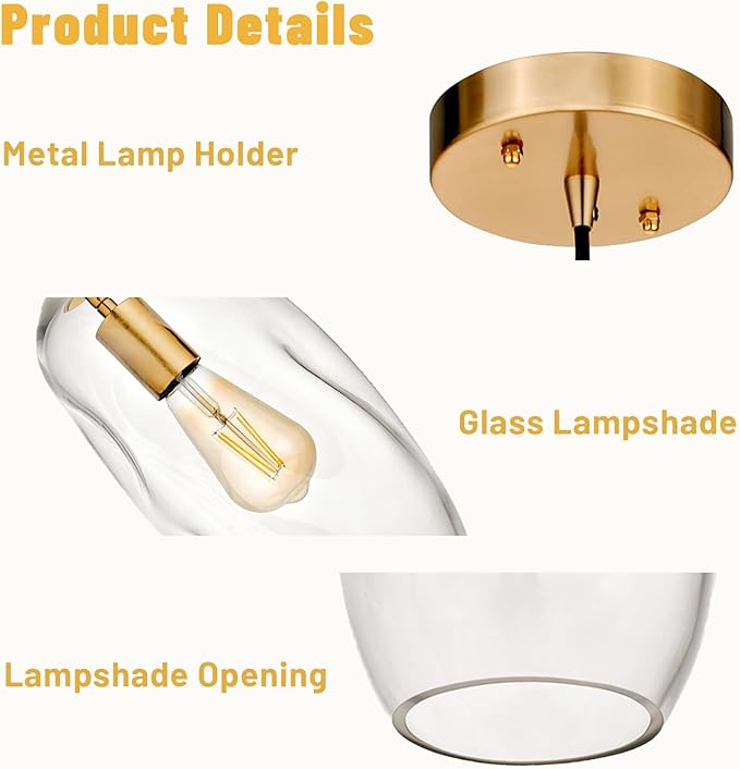 Gold Pendant Light Fixtures Adjustable Modern Kitchen Island Lighting Glass Organic Ceiling Hanging Light Fixtures for Bar, Counter, Patio, Over Sink, Dining Room,Table 12.5'' Height - Transparent