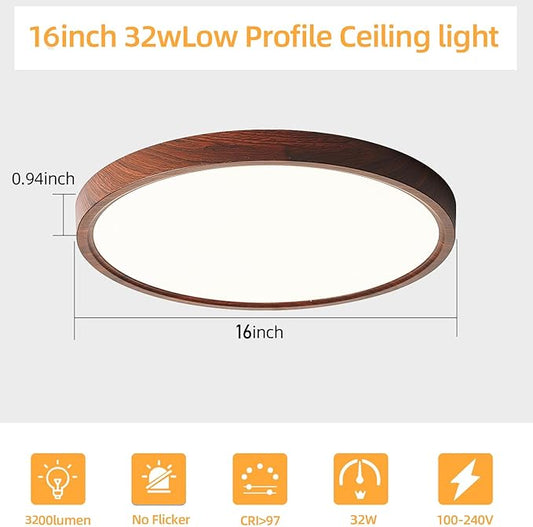 HEYAN Walnut Wood Flush Mount Ceiling Light Fixture,16 Inch Dimmable LED Ceiling Light with 3000K-4000K-6000K Selectable Flat Low Profile Round Ceiling Lights for Bedroom Hallway Laundry (2 Pack)