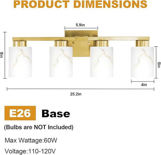 4-Light Bathroom Light Fixtures, Modern Vanity Lights, Gold Metal Wall Lamp with White Marble Glass for Bathroom, Mirror, Living Room, Bedroom, Cabinet, Porch, Hallway, E26 Base